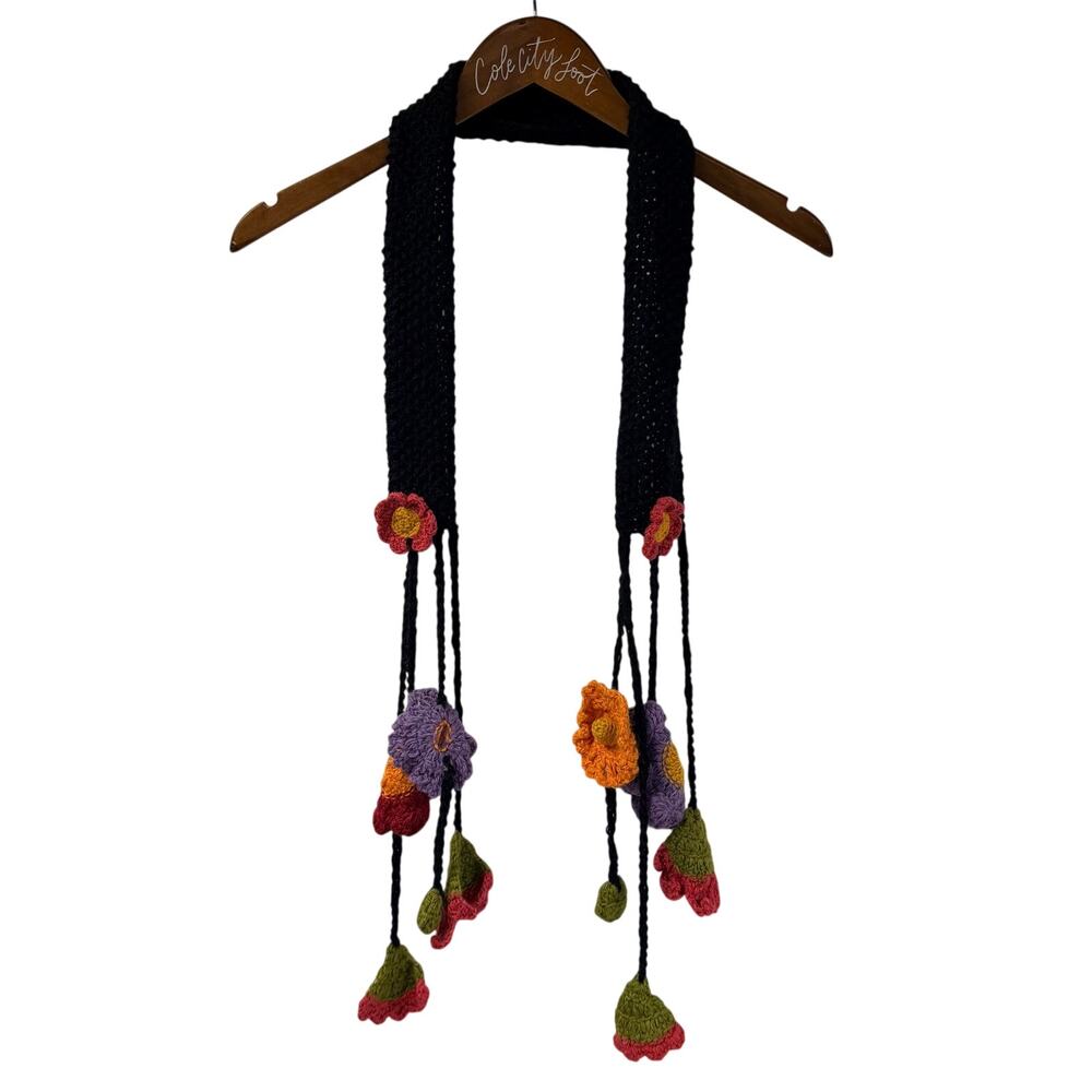 Thin Knitted Scarf With Knitted Flower Fringe One Size Whimsy